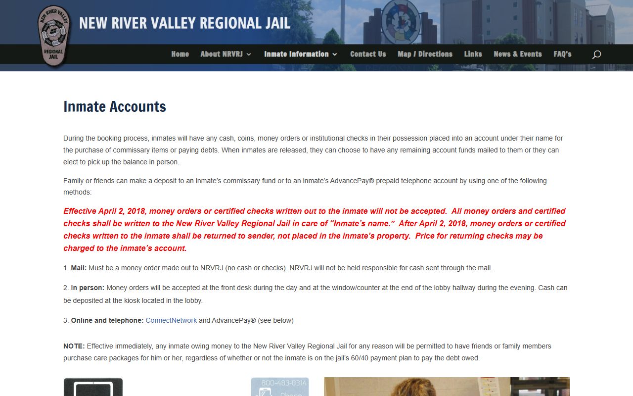 New River Valley Regional Jail inmate accounts for Grayson County money deposits