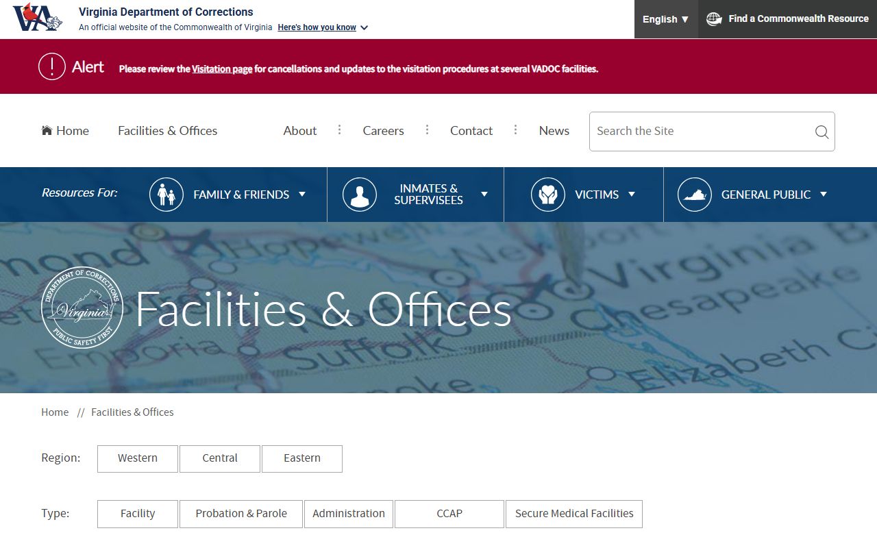 VADOC facilities list showing River North Correctional Center for Grayson County prison lookup